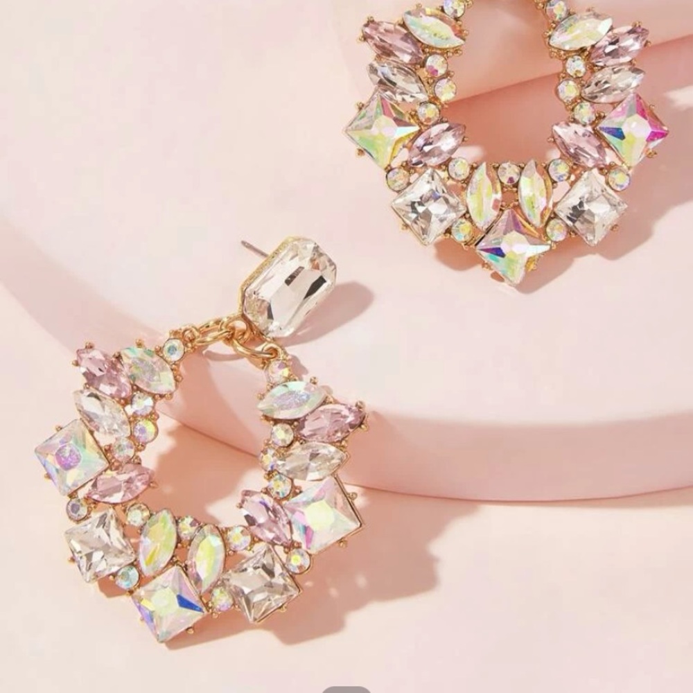 Gold-Tone Pink Crystal Hoop Earrings